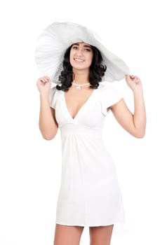 beautiful young fashion woman in white dress and hat