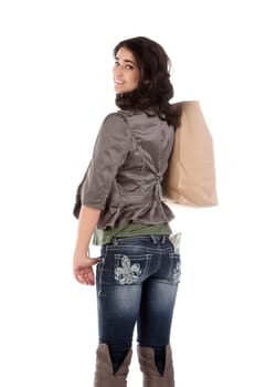 beautiful young teenage woman with shopping bag and cash