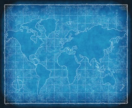 an old map of world on blueprint grid paper