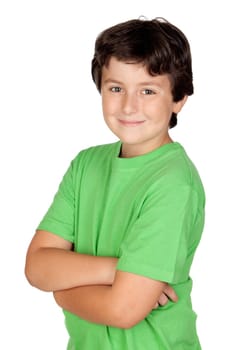 Funny child with green t-shirt isolated on white background