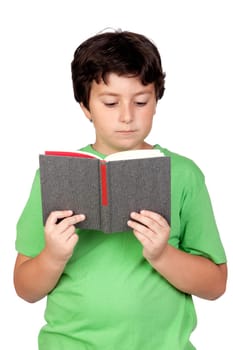 Student child with a book isolated over white background