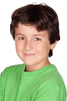 Funny child with green t-shirt isolated on white background