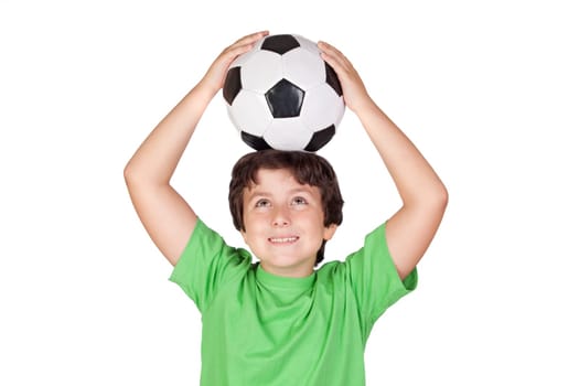 Adorable boy dreaming about being soccer player