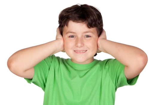 Child holding his hands against his ears a over white background