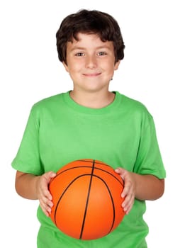 Beautiful child with basket ball isolated on white background