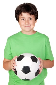 Adorable boy with a soccer ball isolated on white background