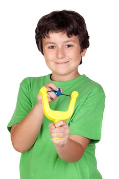 Adorable child with a slingshot isolated on white background