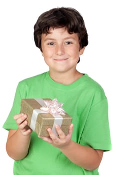 Adorable boy with a gift isolated on white background