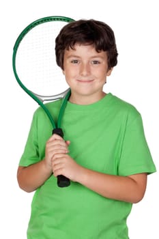 Adorable child with a tennis racket isolated on a over white