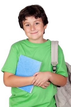 Beautiful student child with backpack isolated on white background