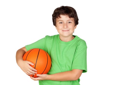 Beautiful child with basket ball isolated on white background