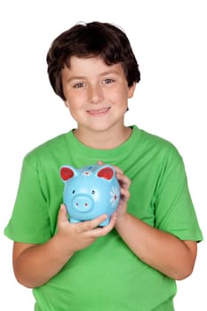 Adorable boy with a blue moneybox isolated on a over white background