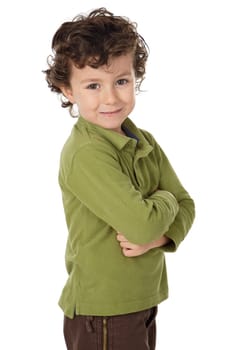 photo of an adorable boy watching the camera over white background