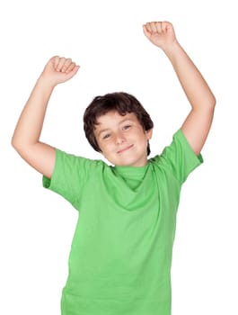 Winner boy with green t-shirt isolated on a white background