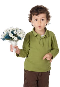 photo of an adorable boy with flowers and making trivialities a over white background