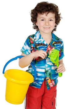 adorable boy playing in the beach over a white back ground