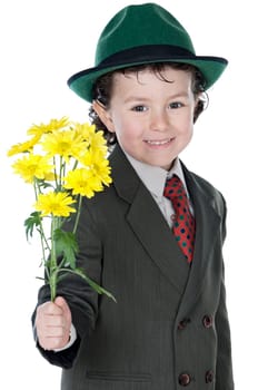 adorable boy with flowers a over white background