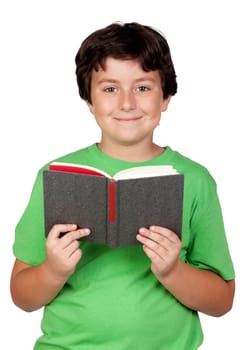 Student child with a book isolated over white background