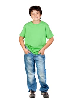 Funny child with green t-shirt isolated on white background
