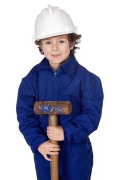 Adorable boy dressed worker in a hammer and a helmet a over white background