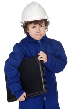 Adorable future builder gotten upset with folder a over white background