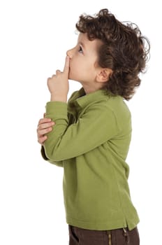 photo of an adorable boy thinking a over white background