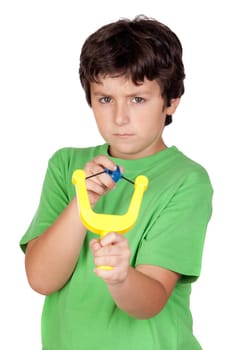 Bad boy with a slingshot isolated on white background
