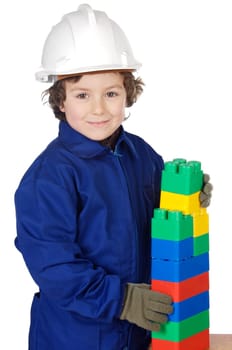 adorable future builder constructing a brick wall with toy pieces a over white background