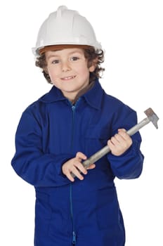 Adorable boy dressed worker in a hammer and a helmet a over white background