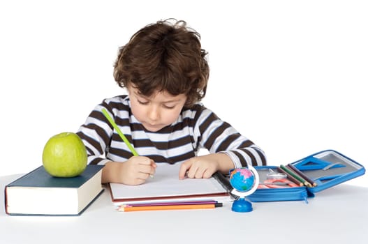 adorable child studying a over white background