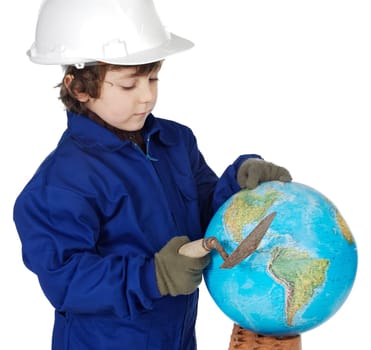 Adorable future builder constructing the world a over white background