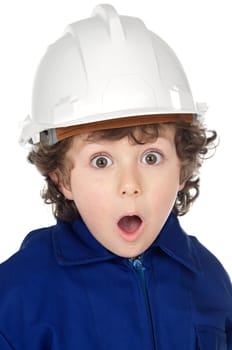 Adorable boy worker with surprise gesture a over white background