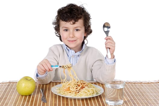 Adorable child hungry at the time of eating a over white background