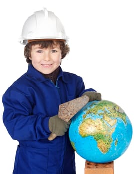 Adorable future builder constructing the world a over white background