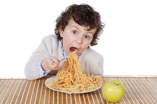 Adorable child hungry at the time of eating a over white background