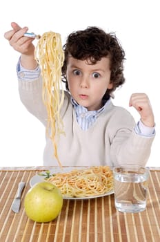 Adorable child hungry at the time of eating a over white background