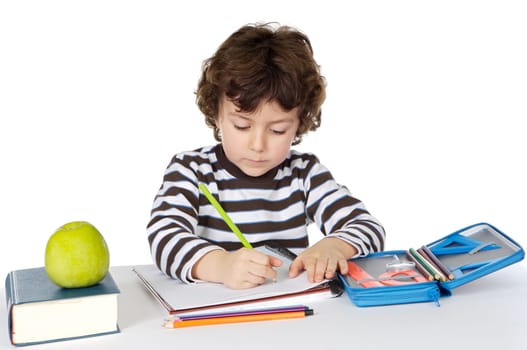 adorable boy studying a over white background