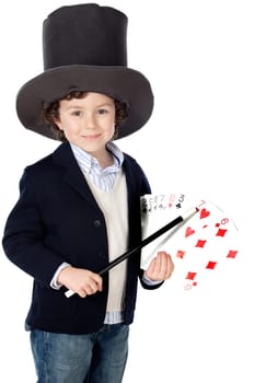 Adorable child dress of illusionist with hat a over white background