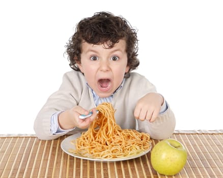 Adorable child hungry at the time of eating a over white background