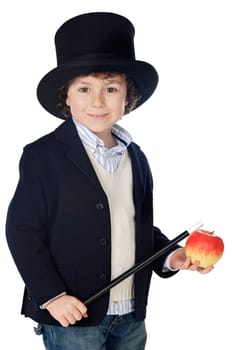 Adorable child dress of illusionist with hat a over white background
