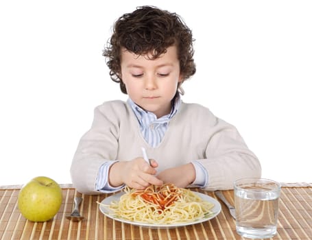Adorable child hungry at the time of eating a over white background