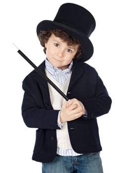 Adorable child dress of illusionist with hat a over white background