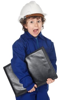 Adorable boy worker with surprise gesture a over white background