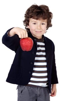Adorable child with one apple in the hands a over white background