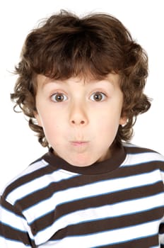 adorable happy boy making trivialities a over white background