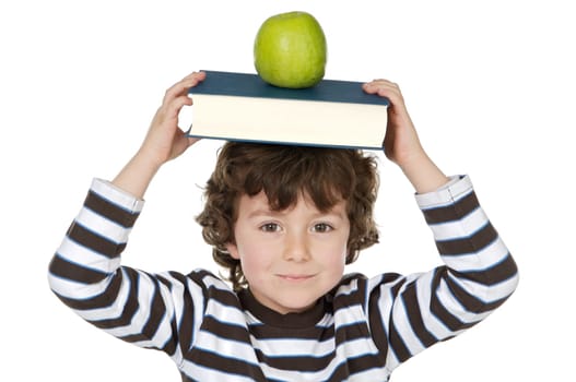 Adorable child studying with books and apple in the head a over white background