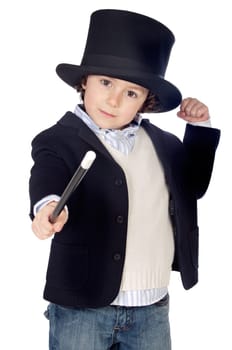 Adorable child dress of illusionist with hat a over white background