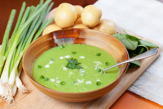 Homemade soup surrounded by fresh ingredients