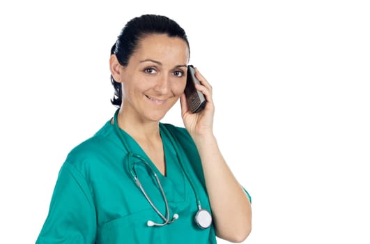 lady doctor speaking on the telephone over a white background