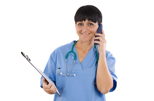 Lady doctor speaking by telephone on a over white background